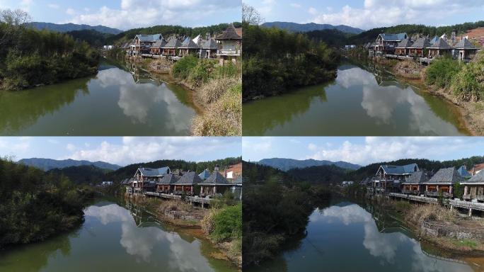 小镇村落湖边河边河道小屋