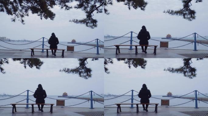 4K孤独背影-失意的人独自一人坐在海边