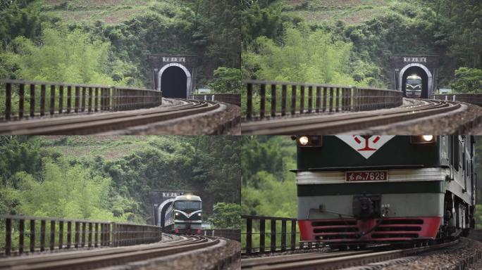 老式火车开出隧道