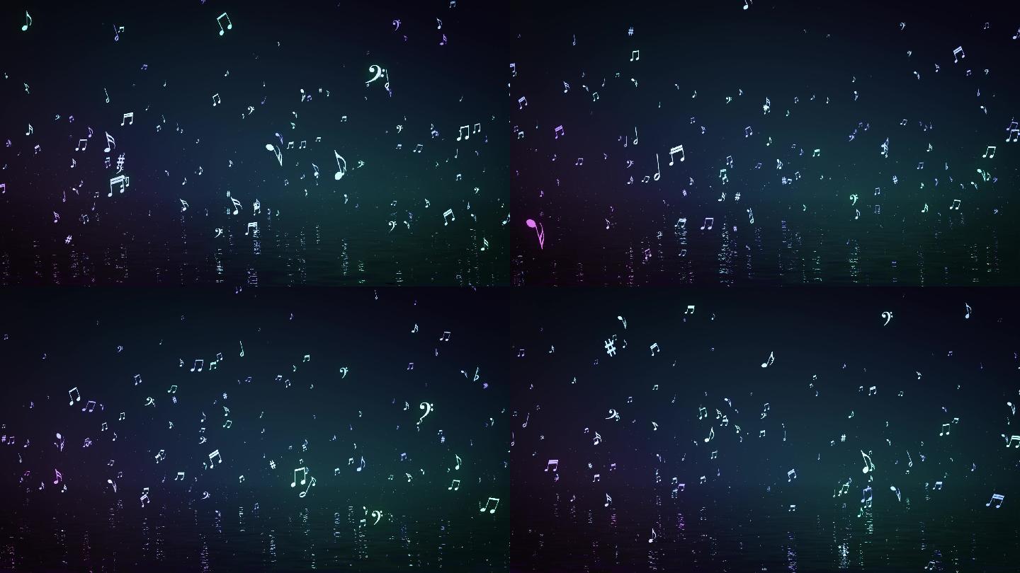 五彩斑斓音乐音符水面上飘动视频