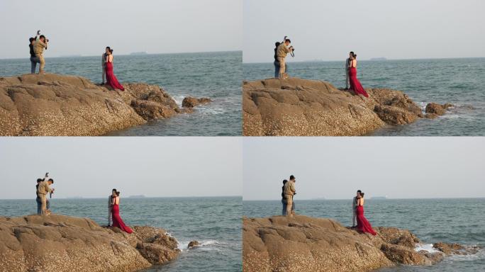 海浪拍打礁石+海边婚纱拍摄升格慢动作
