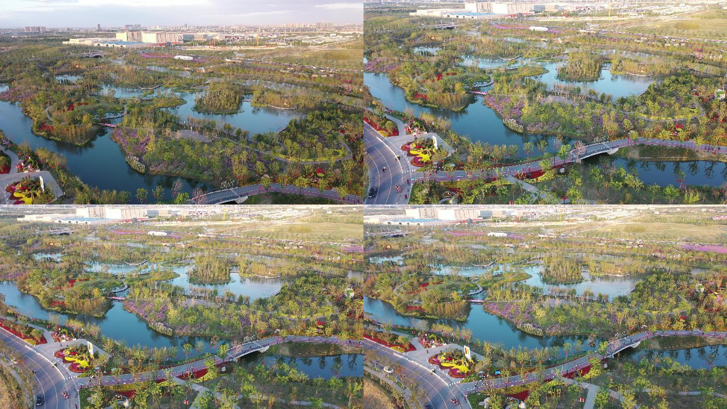 4K航拍南通中创区紫琅湖城市绿地绿化