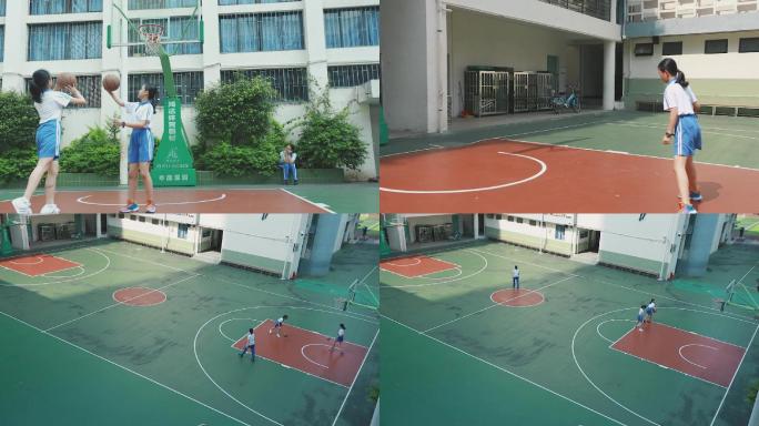 小学生在篮球场上打篮球