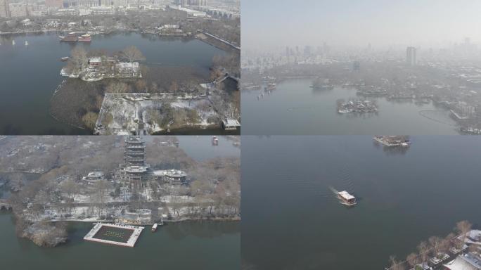4K未调色最新大明湖雪景航拍长视频