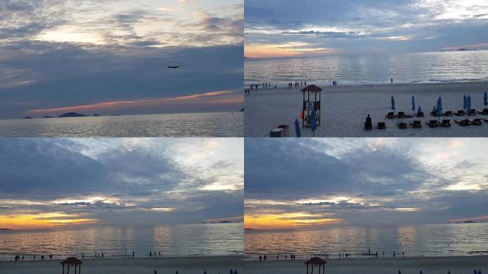 日落夕阳越南海边沙滩飞机起飞
