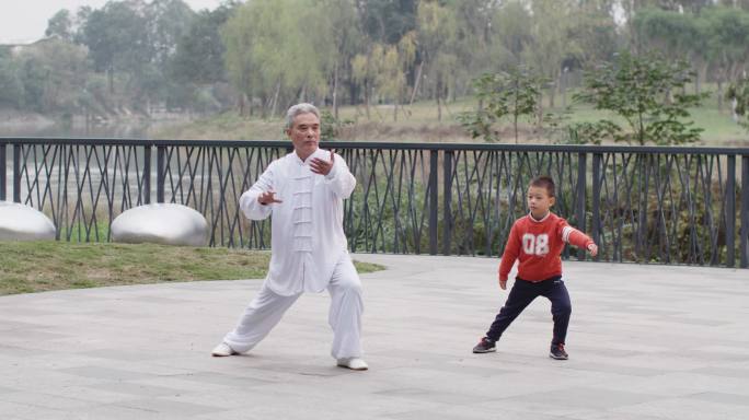 老人教小孩打太极