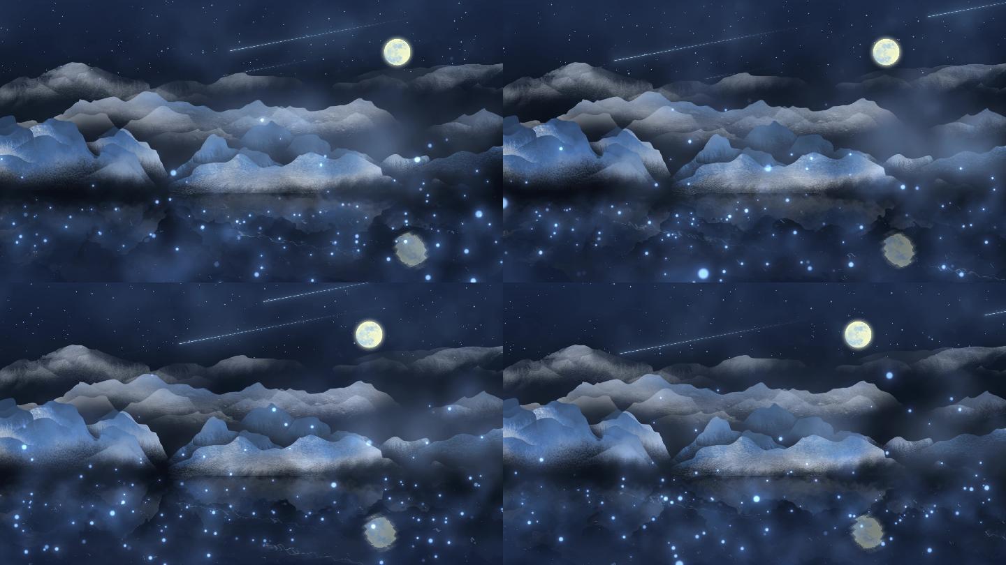 唯美浪漫夜空山水月光粒子流星雨