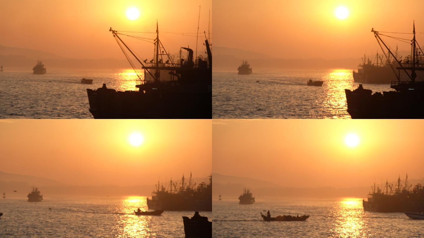 日出海归海洋渔业捕捞落日夕阳