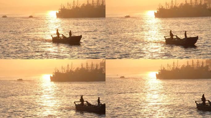 海边渔港出海归来海洋渔业捕捞落日夕阳