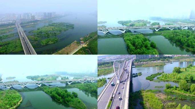航拍洛阳-凌波大桥-洛河湿地