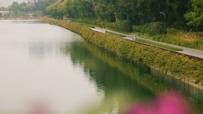 原创城市河边跑步骑单车锻炼的人水