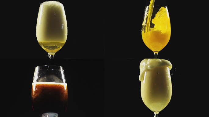 橙汁和啤酒倒入酒杯的慢动作视频高清素材
