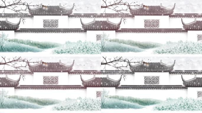 中国风庭院冬天雪花飘背景
