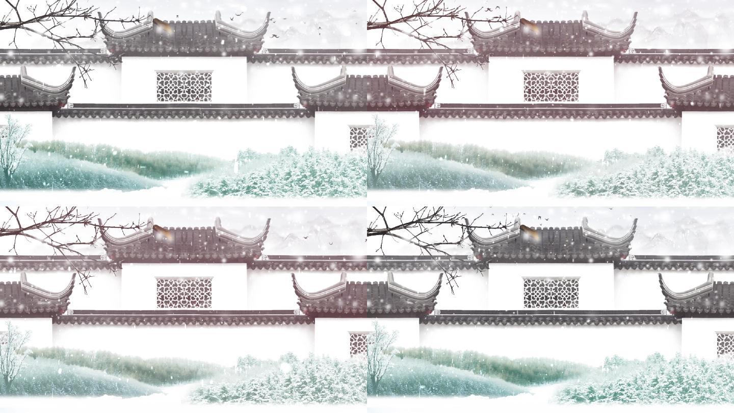 中国风庭院冬天雪花飘背景