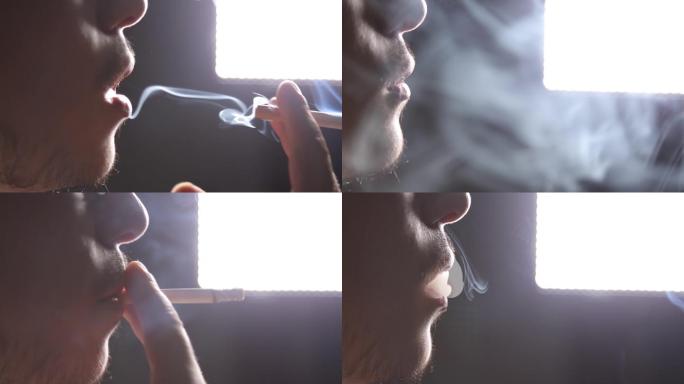 男人吸烟特写镜头吞云吐雾吸烟