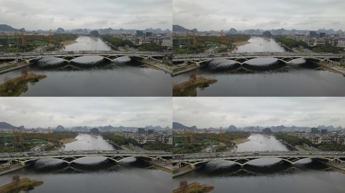 航拍漓江解放桥旅游城市风景城市桂林交通