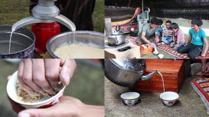 牧民生活喝酥油茶茶幸福一家