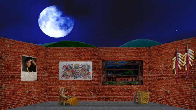 农村红砖房室内小品-夜景