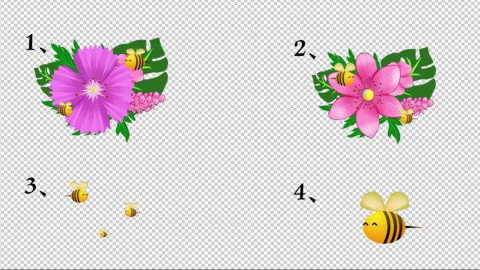 4款鲜花与蜜蜂小元素带通道视频素材