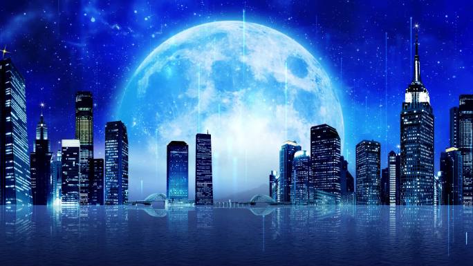 蓝色城市夜景星空月亮LED背景视频