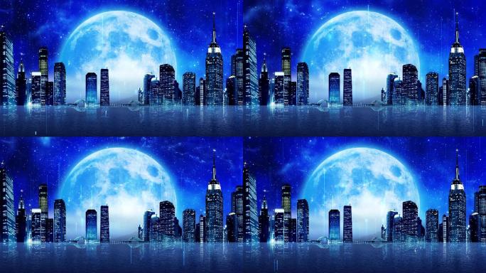 蓝色城市夜景星空月亮LED背景视频