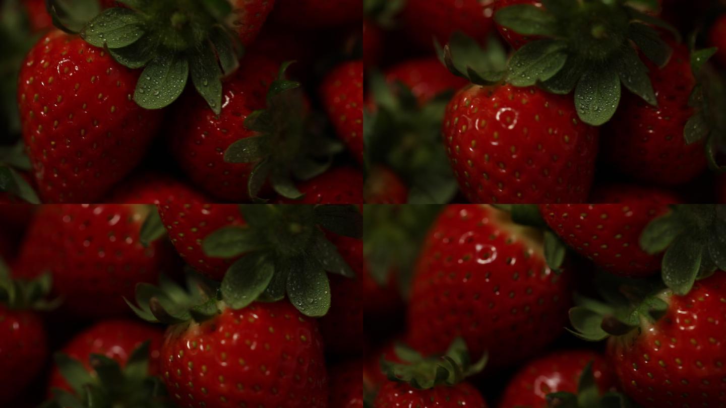 沾满水珠的鲜草莓特写
