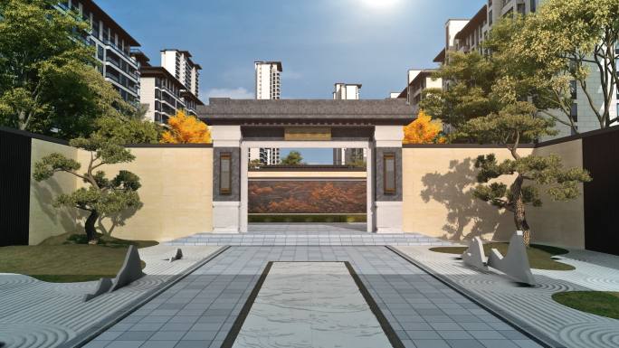 新中式建筑风格地产动画庭院院落景观
