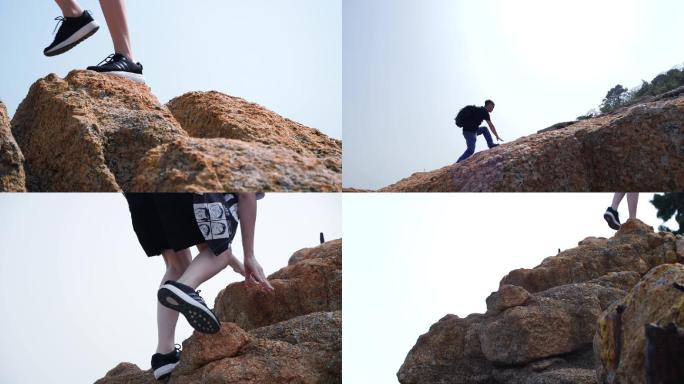 岩石攀爬，登山爬山跨越实拍视频素材