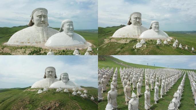 航拍可汗山成吉思汗忽必烈雕像蒙元帝王雕塑
