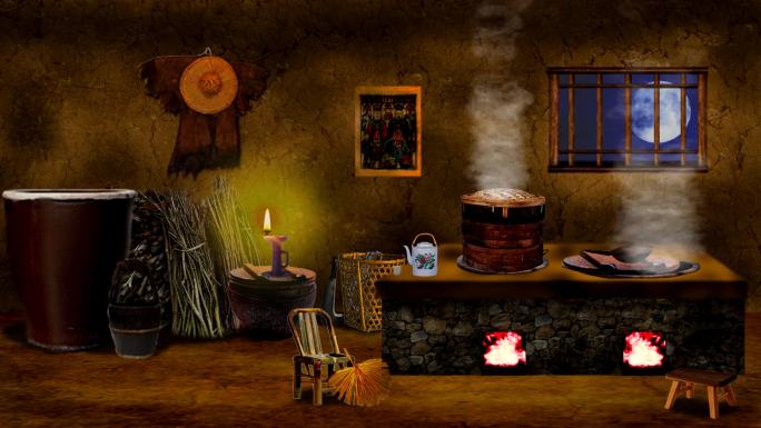 古代农村厨房灶台背景-夜景