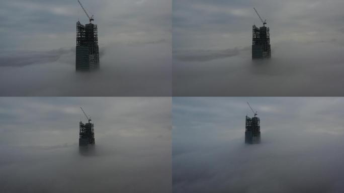 4K航拍青岛浮山湾海天中心平流雾