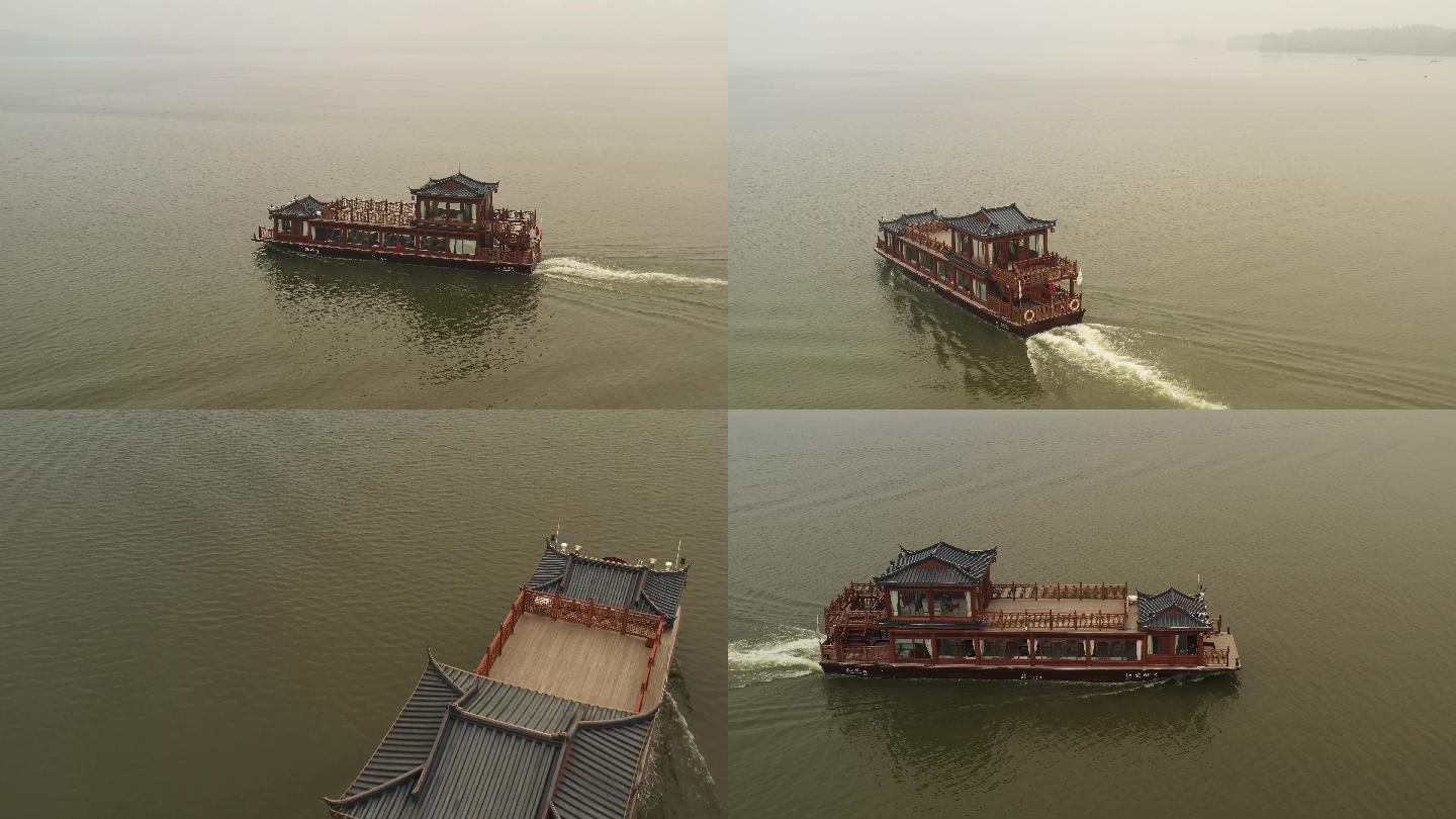 武汉东湖游船航拍阴天4k