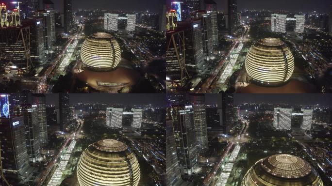 杭州钱江新城大金球城市阳台航拍夜景