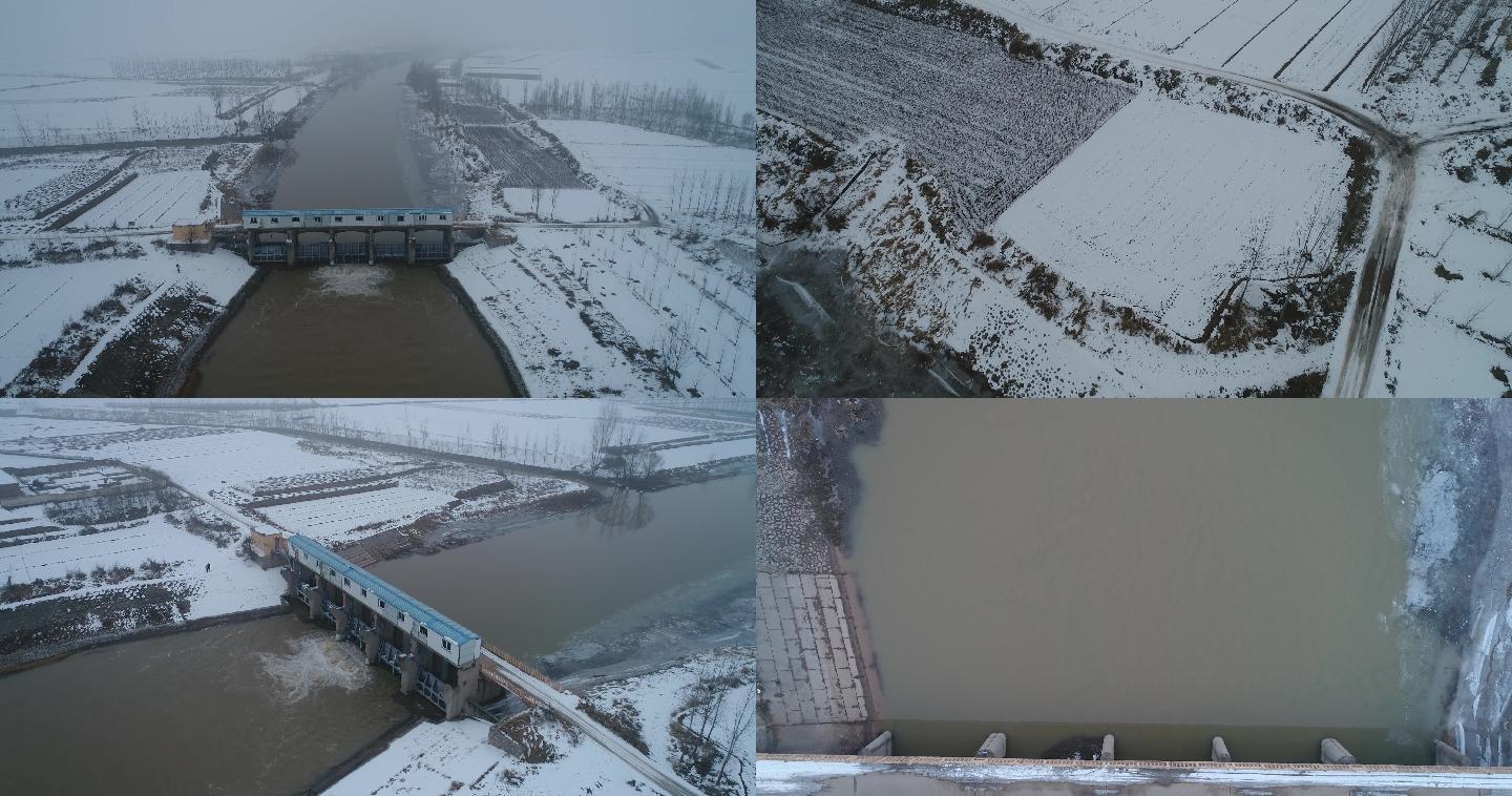 农村冬季雪景水利工程大坝河流