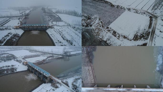 农村冬季雪景水利工程大坝河流