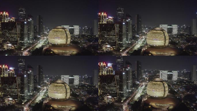 杭州钱江新城大金球城市阳台航拍夜景