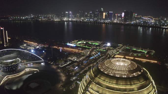 杭州钱江新城大金球城市阳台航拍夜景