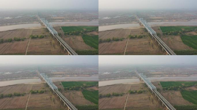 航拍春天的京沪高速铁路济南黄河特大桥