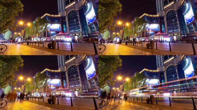 武汉江汉路步行街车流人来人往夜景延时