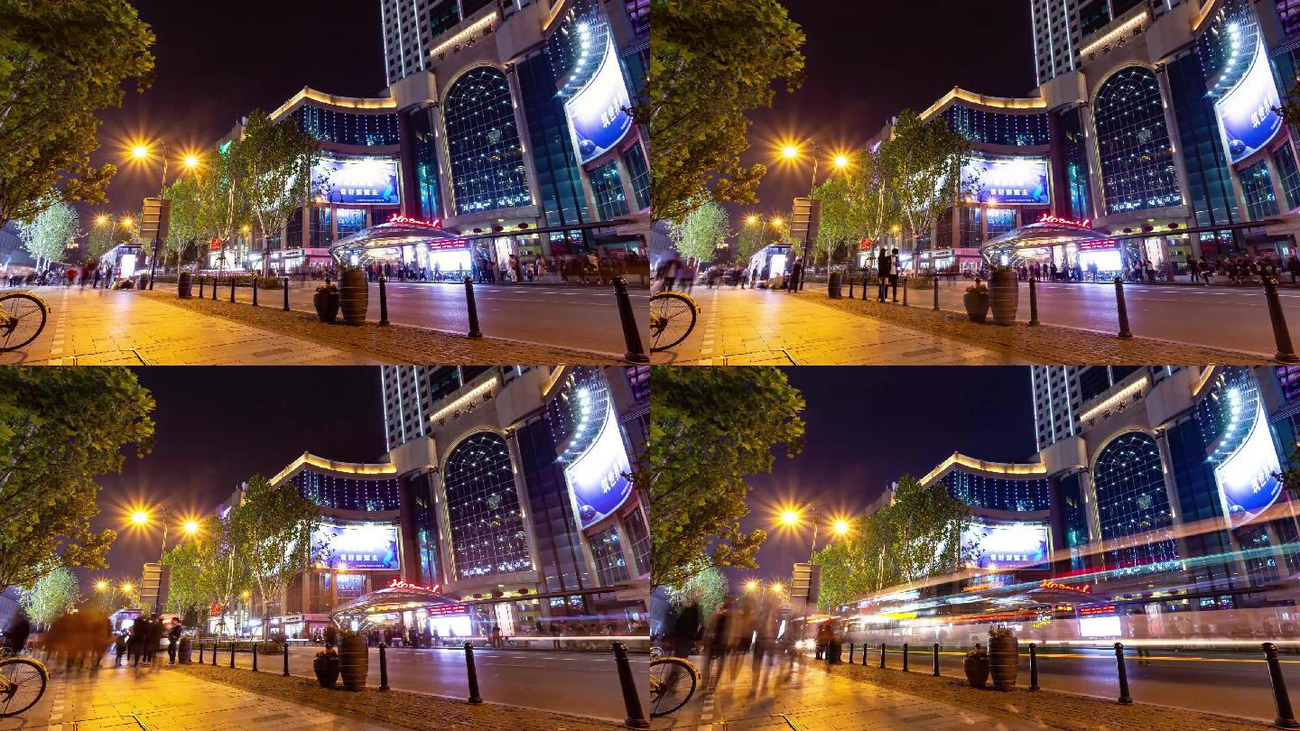 武汉江汉路步行街车流人来人往夜景延时