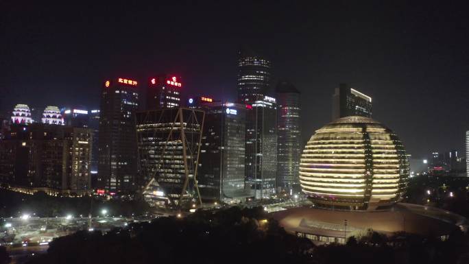 杭州钱江新城大金球城市阳台航拍夜景