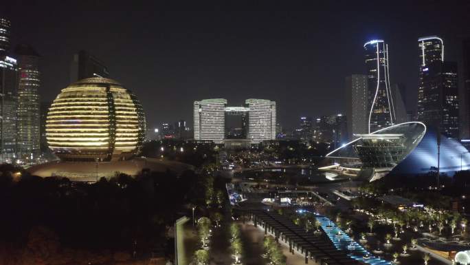 杭州钱江新城大金球城市阳台航拍夜景