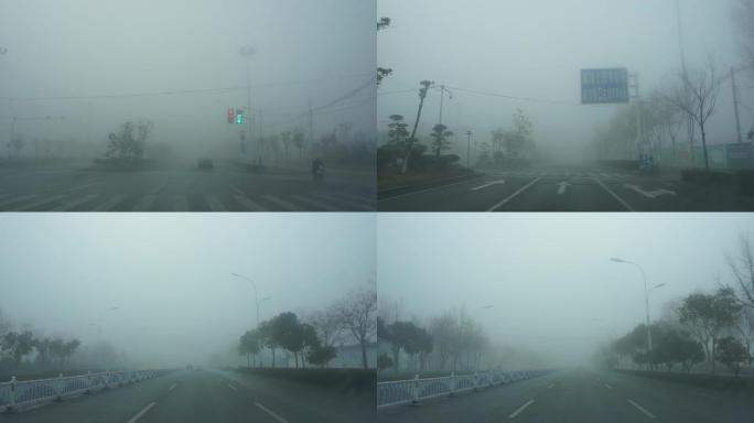 大雾天驾车行驶在城市道路