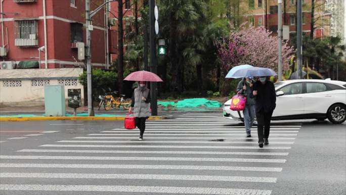 上海春天下雨天街道行人