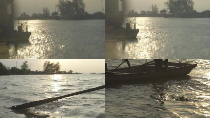渔船划船夕阳划船河道