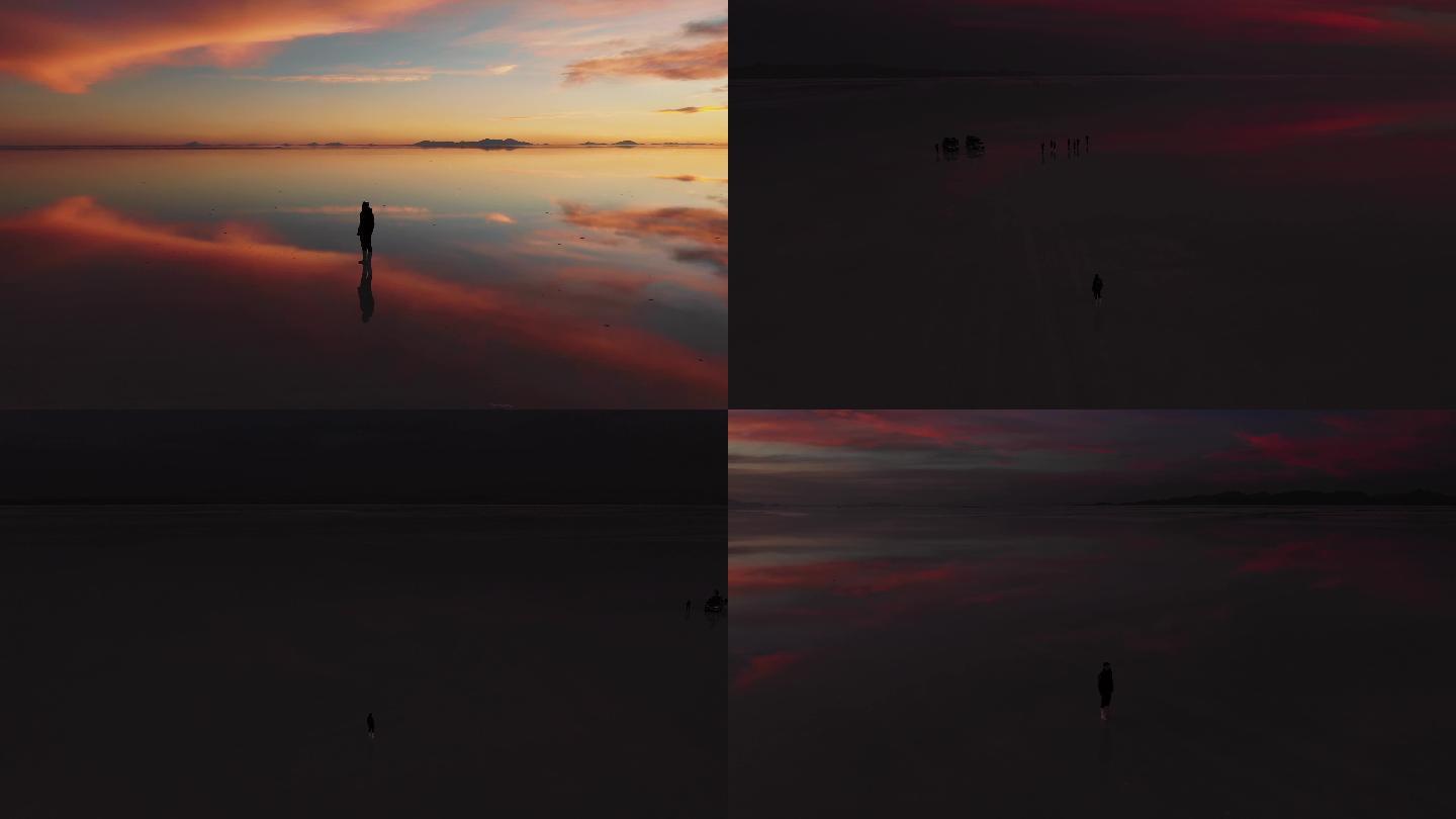 男人在海面上思考夕阳中的海平面
