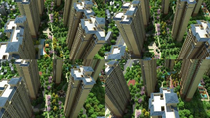 俯视航拍楼宇绿化楼间距三维动画