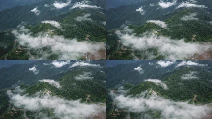 海坨山谷山顶云雾缭绕木屋航拍