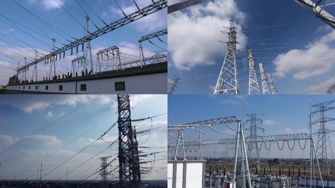 4k电网电塔延时蓝天白云航拍