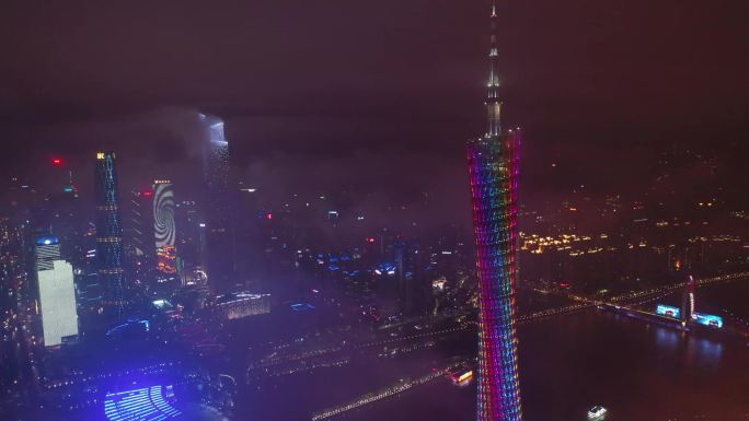 广州雨后云雾环绕城市航拍夜景